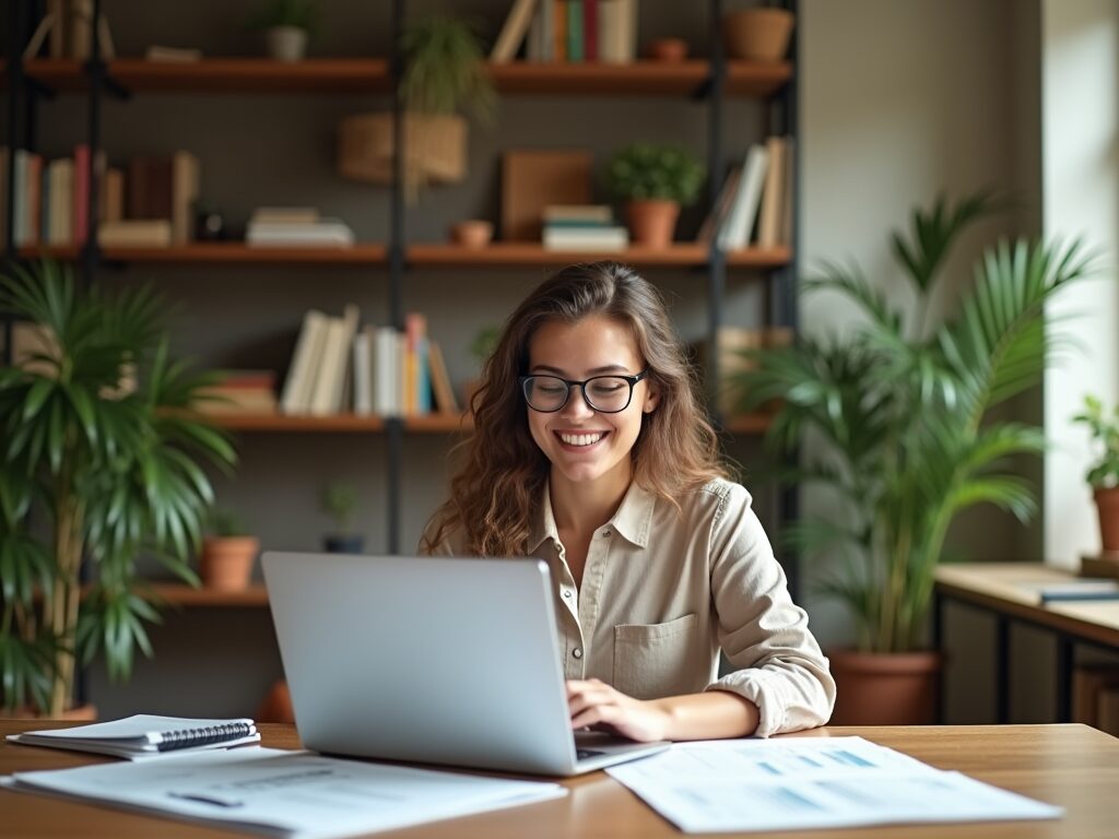 Женщина в очках улыбается, работая за ноутбуком в уютном офисе с множеством растений.